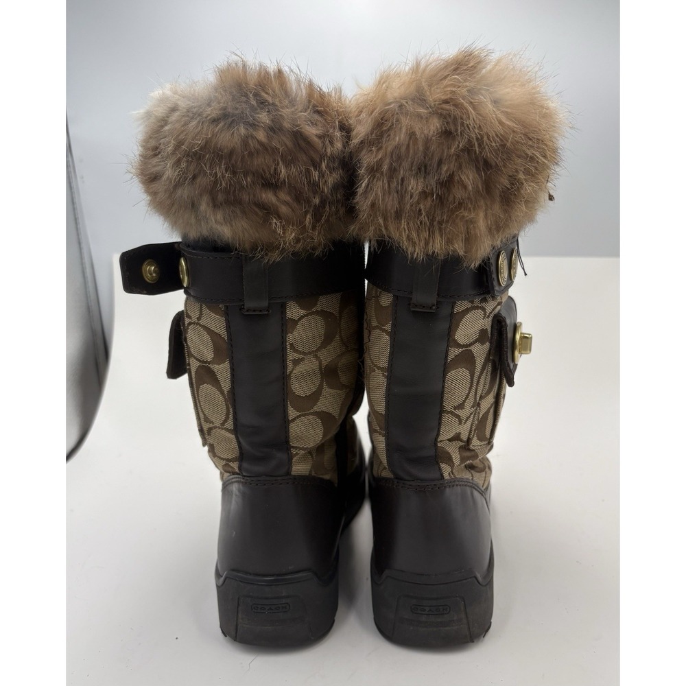 Coach Women's Kimberly Signature C Leather Fabric Fur Trim Winter Boots Brown 7M - Picture 4 of 9